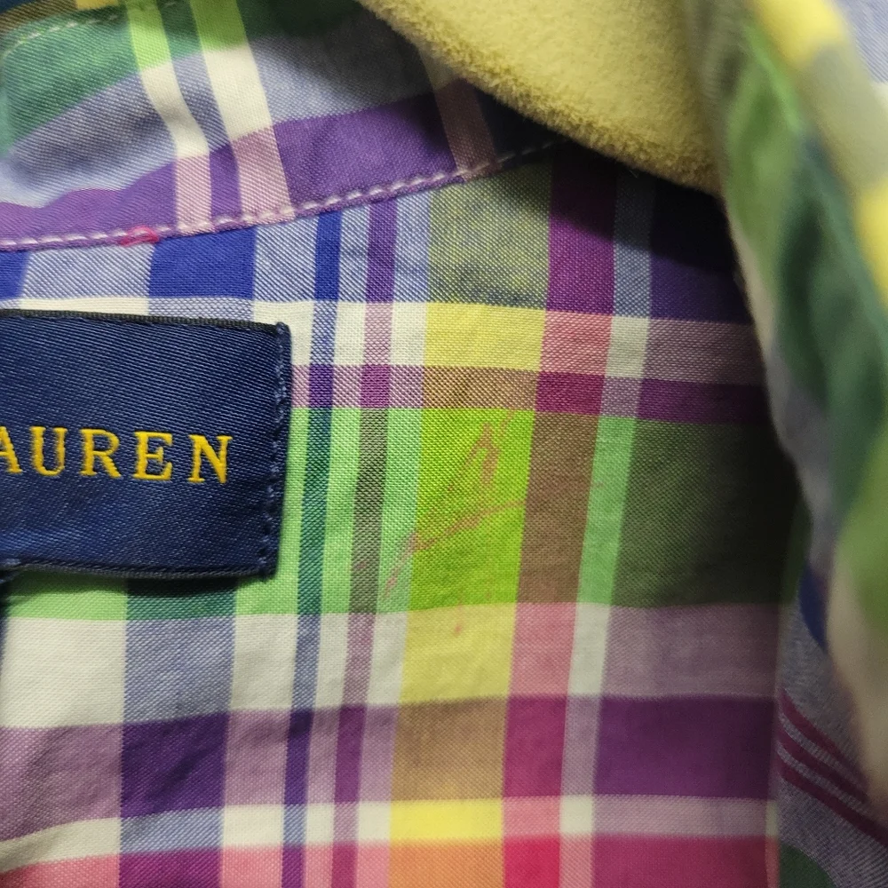 Ralph Lauren Boys Short Sleeve Button Down Yellow Blue Green Plaid Medium 10-12